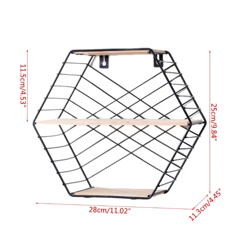Настенная плавающая полка, современная простая Геометрическая деревянная металлическая проволока, шестигранная полка для хранения растений, цветов, идеальный декор