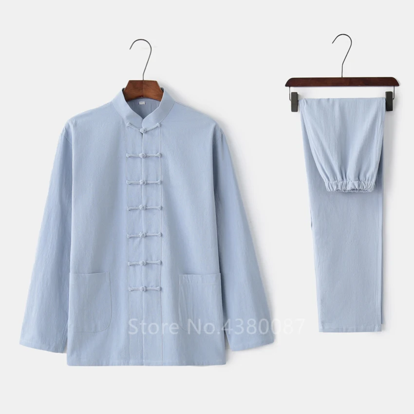 Chinese Traditional Clothing Set Man Summer Linen Buckle Kung Fu Shirt Oriental Retro Top Pants Tai Chi Breathable Uniforms