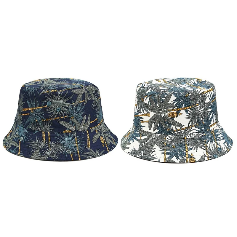 Two Side Reversible Coconut Tree Bucket Hat Unisex Printing Hip Hop Hat for Women Men Panama Cap Summer Fisherman Hat