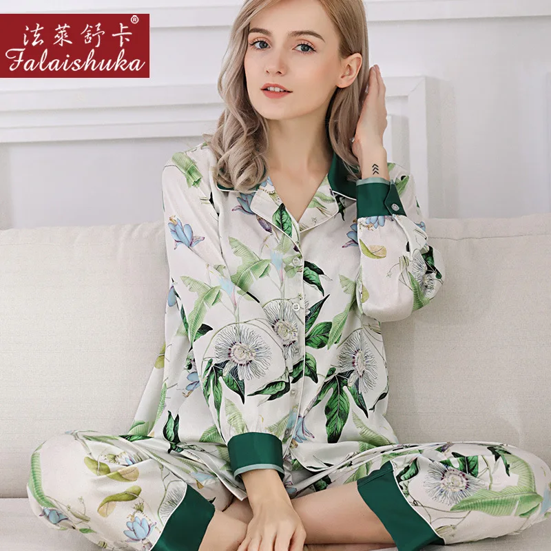 Свежий сладкий зеленый 100% натуральный шелк женские пижамы элегантные с длинными рукавами благородный чистый шелк женские пижамы T8214