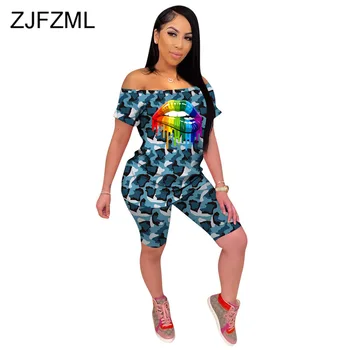 

Plus Size Sportswear Suit 2 Piece Outfit For Women Off Shoulder Backless Top And Biker Shorts Camouflage Mouth Lips Print Sets