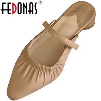 

FEDONAS Sheepskin Leather Women Elegant Pointed Toe Pumps Spring Summer 2020 Shoes Square Heels Basic Half Slippers Shoes Woman