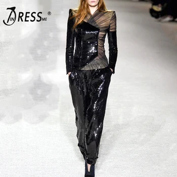 

INDRESSME 2019 Fashion V-Neck Mesh Lace Sequin Sexy Business Pant Suits Set Top Formal Women OL Elegant Skinny 2 Pieces Sets