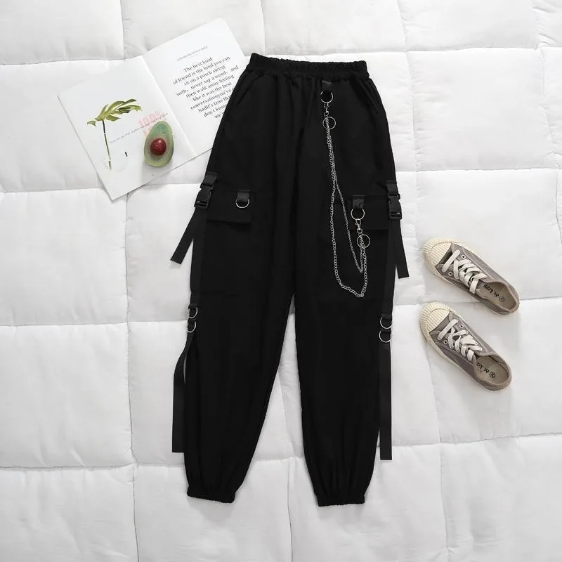QWEEK-pantalones Cargo Punk para mujer, pantalón de cadena gótica, ropa Hippie negra, pantalones holgados de cintura alta, dos piezas