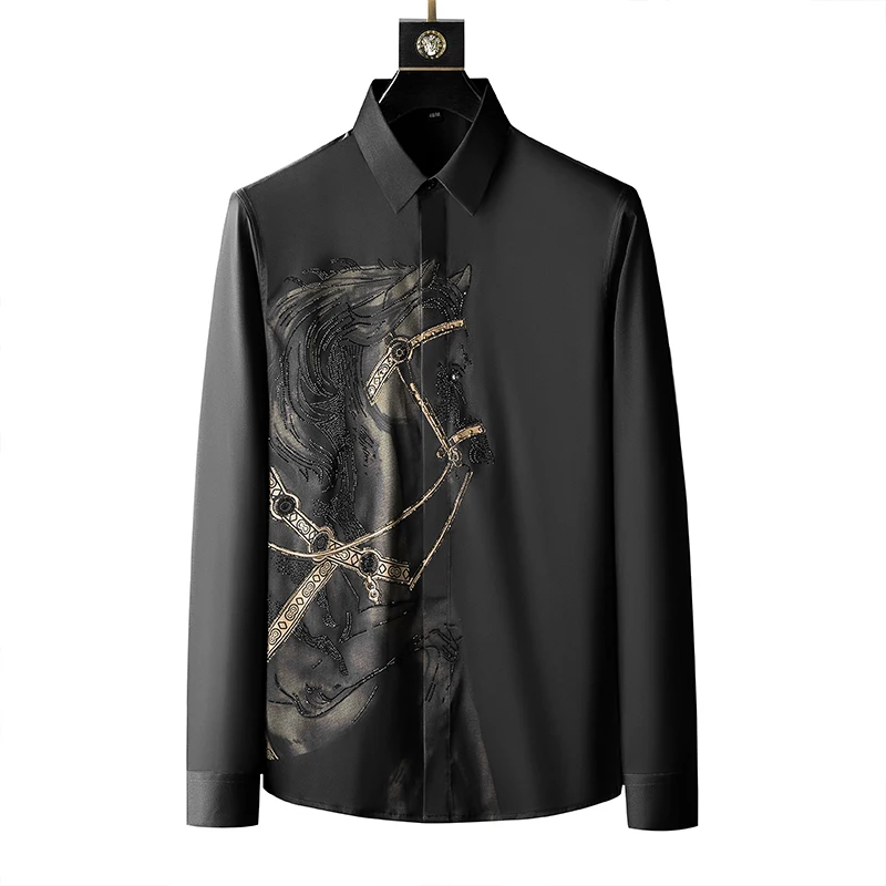 Brand Luxury Rhinestone Men's Autumn Long Sleeve Slim Casual Shirts Business Social Formal Dress Shirts Streetwear long sleeve shirt,men casual shirt