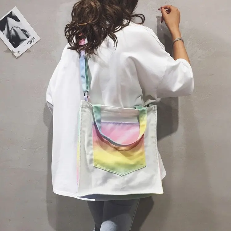 

Gradient Canvas Bag Women Portable Tote Shoulder Shopping Bags Multifunction Reusable Shopping Canvas Pack Bolsa Reutilizable