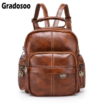 

Gradosoo Vintage Women Backpack For Teen Girls Casual Travel School Shoulder Bag Female High Quality PU Leather Backpack LBF76