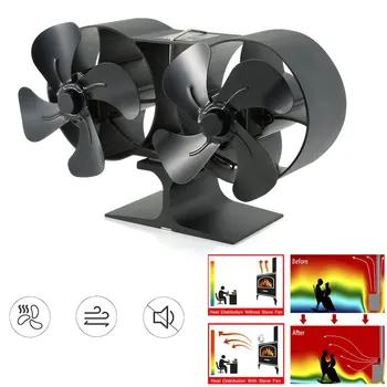 

Dual Head 8 Blades Powered Stove Fan Aluminium Silent Eco-Friendly For Wood Log Burner Fireplace Fan Home Heat Distribution