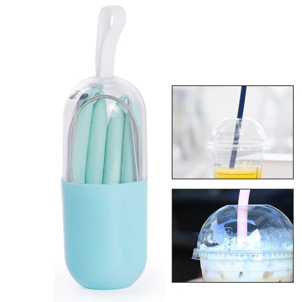 1Pc Reusable Food Grade Silicone Straws Foldable Drinking Straw With Cleaning Brush Storage Box Dust-proof Kid Adult Party Straw