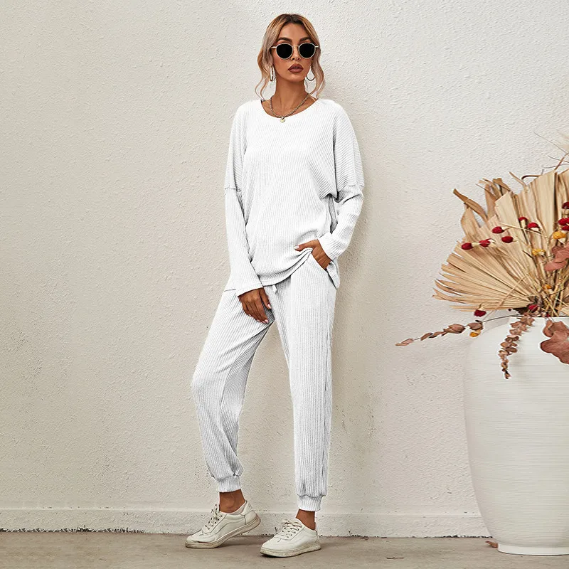 

Spring Women's Jogging Suits Solid Color Long-sleeved Round Neck Pullover + Loose Drawstring Pencil Pants Ladies Sportswear