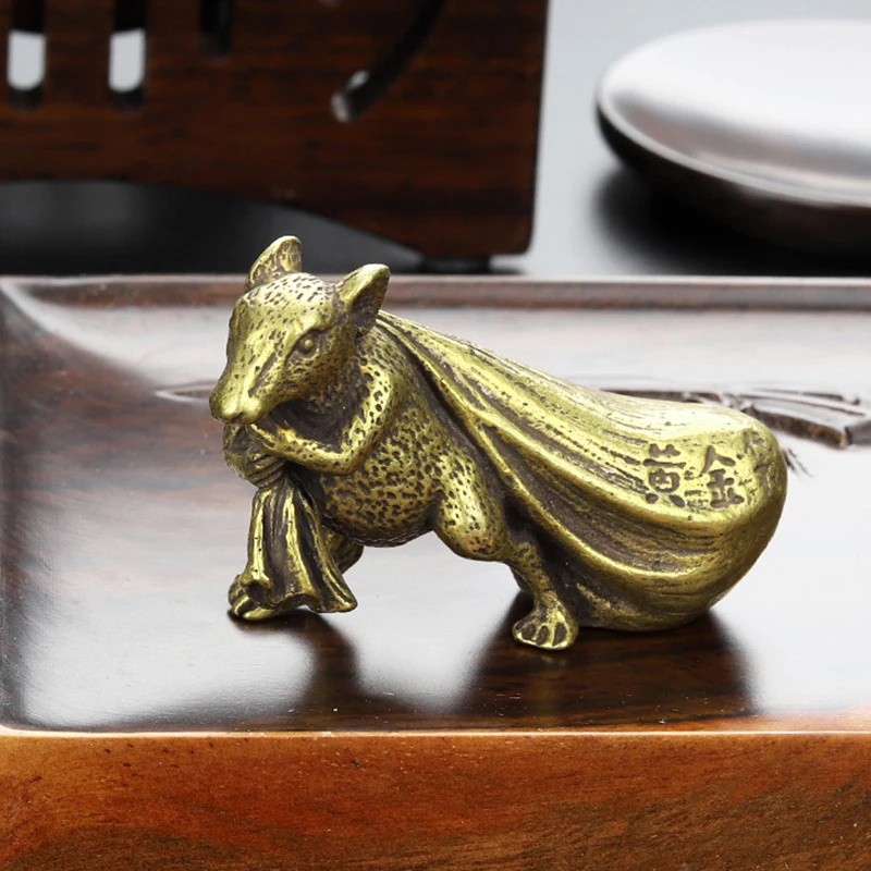  1X Copper Brass Mouse Rat Money Bag Chinese Style Ornament Small Statue Figurine Miniature Home Off