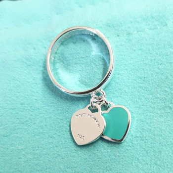 

Ladies S925 Sterling Silver Classic Cyan Pink Double Heart-shaped Silver Ring Jewelry Couple Holiday Anniversary Gift
