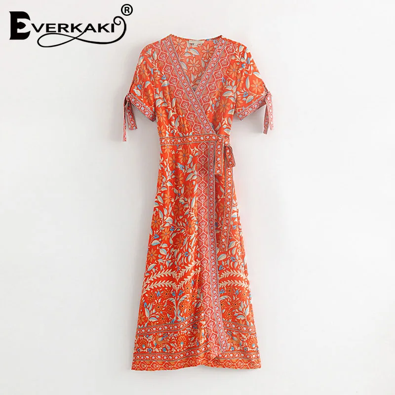 Orange Everkaki Boho платье с цветочным принтом для женщин Регулируемый пояс пояса завязывается Цыганский узор длинные платья женские лето осень - Цвет: Orange