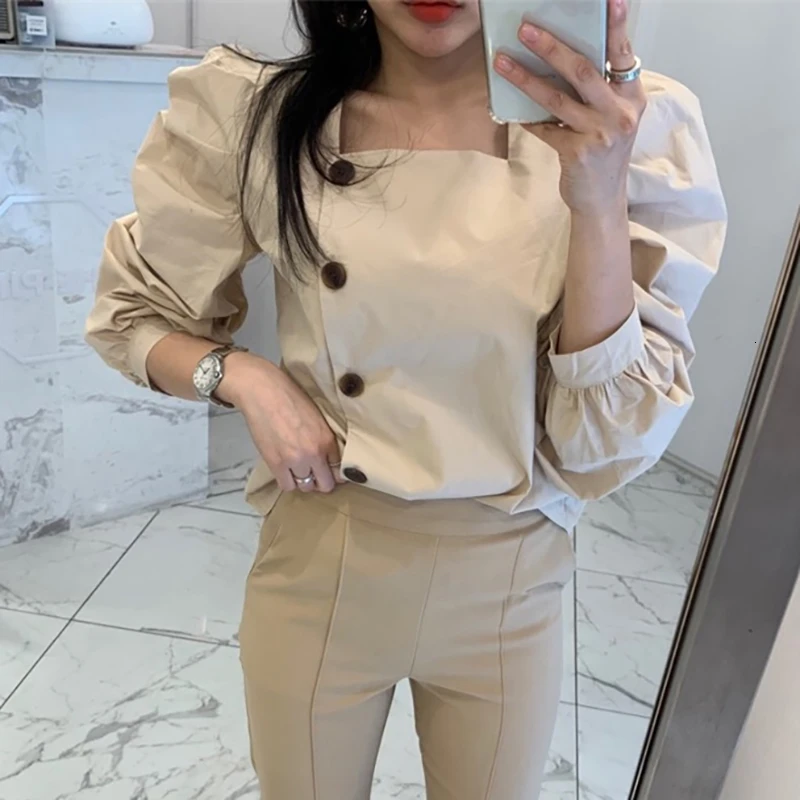 

GALCAUR Elegant Asymmetrical Shirts For Women Square Collar Puff Long Sleeve Ruched Autumn Female Blouses Fashion 2020 Clothes