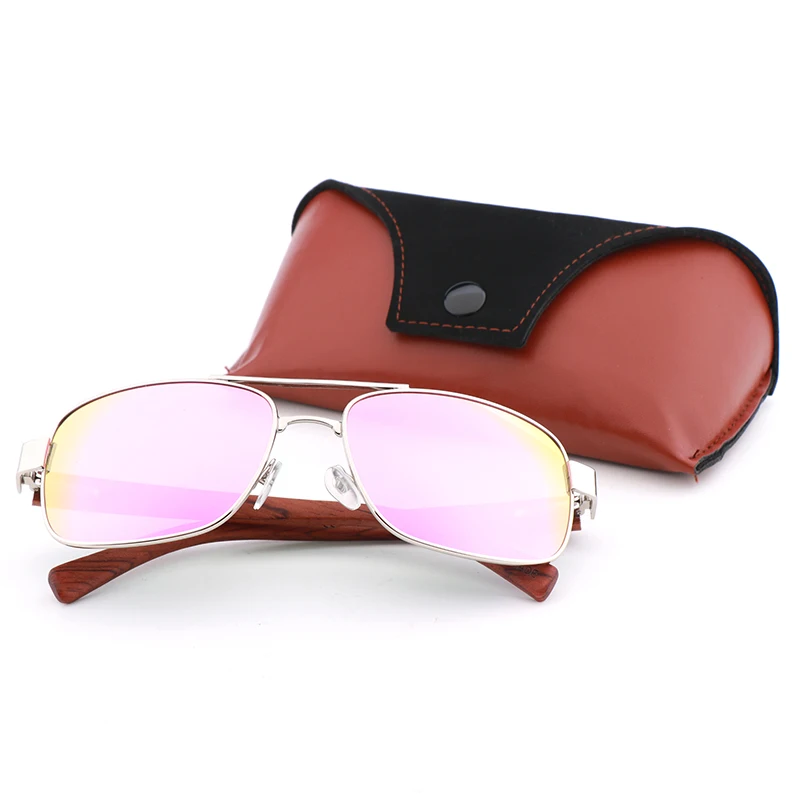 Metal Frame Wood Glasses Quality Oversized Spring Leg Alloy Men Woman Sunglasses Polarized Brand Design Retro Drive Sun Glasses - Цвет линз: Pink  Leather box