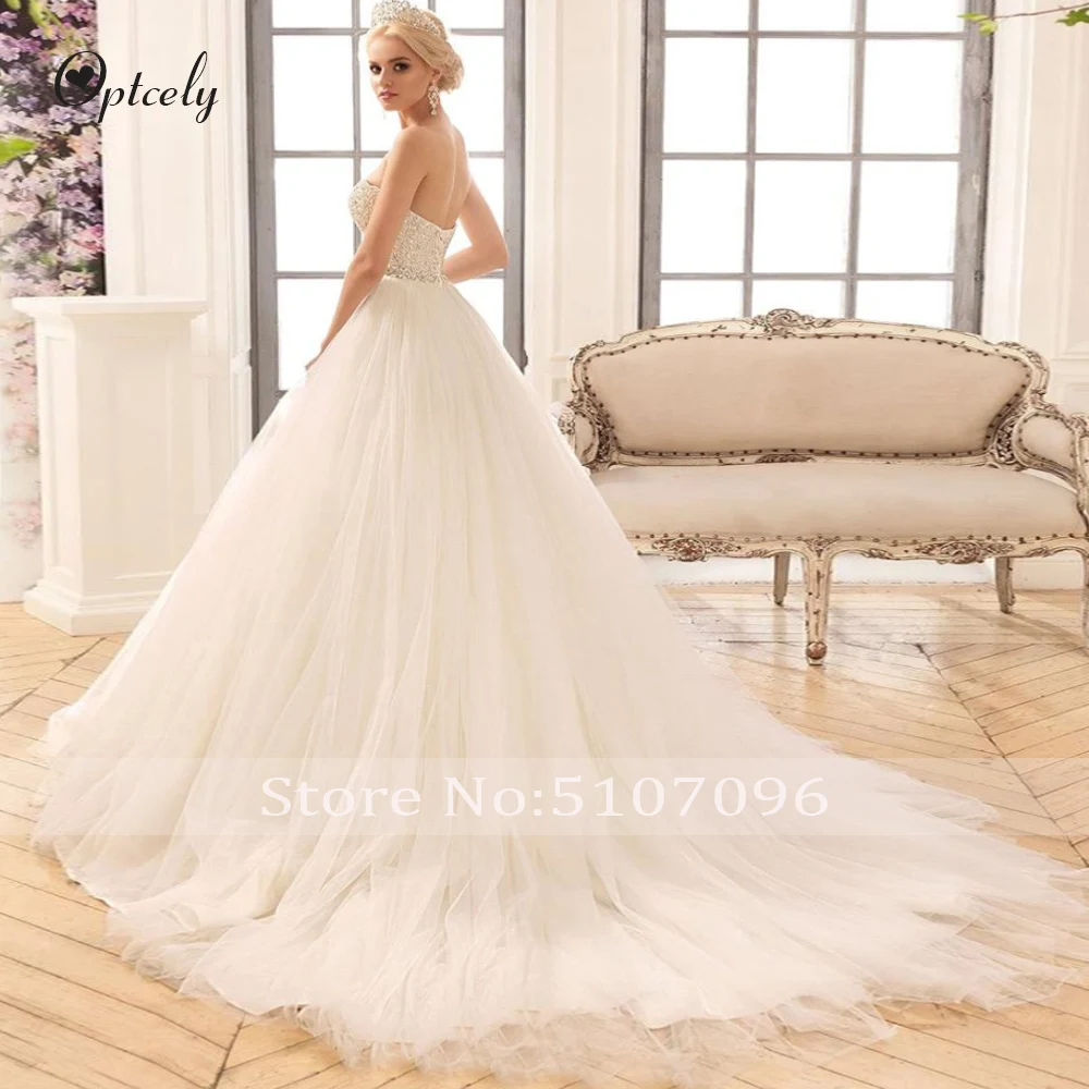 Optcely Сексуальная шея возлюбленной Vestido de Noiva без рукавов трапециевидной формы Тюль свадебное платье кружево с аппликацией и бисером развертки нарядное платье с шлейфом
