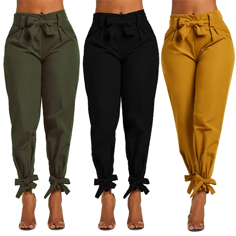 

2019 women new summer bow sashes high waist pencil pants vintage fashion long trousers 3 colors