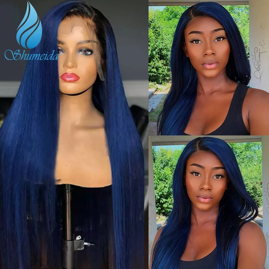 

Shumeida Ombre Blue Color 13x6 Lace Front Human Hair Wigs for Women Brazilian Remy Hair Glueless 4x4 Closure Lace Wig Baby Hair