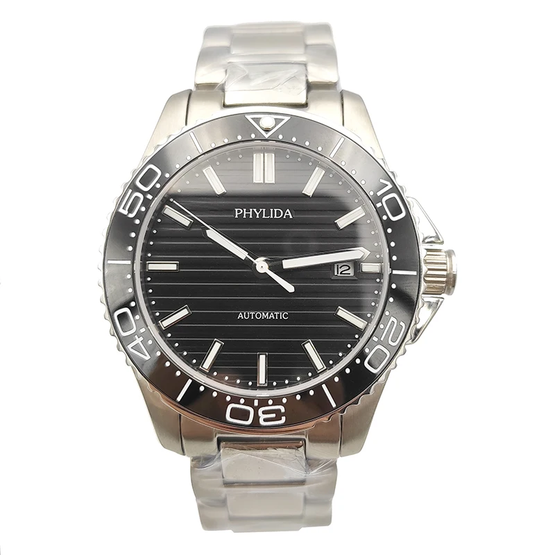 

40mm Men's Watch Blue Dial With Date Automatic Movement Sport Wristwatch Sapphire Crystal Black Ceramic Bezel Insert