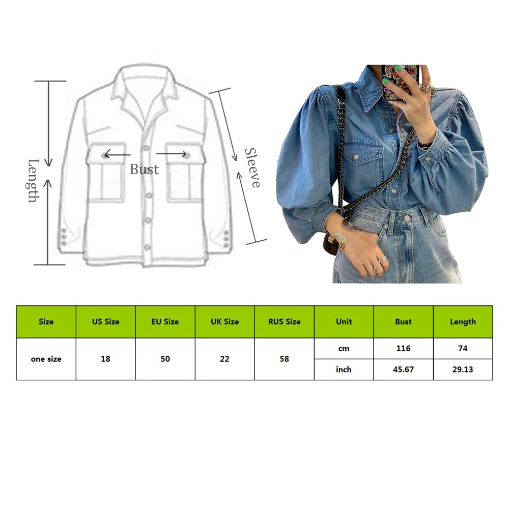 Двойной с перекрестными ремешками осень модные женские туфли из джинсовой рубашки и шикарный с пышными рукавами Свободные джинсовая рубашка с длинными рукавами для мальчиков пальто горячие девушки Повседневная Верхняя одежда
