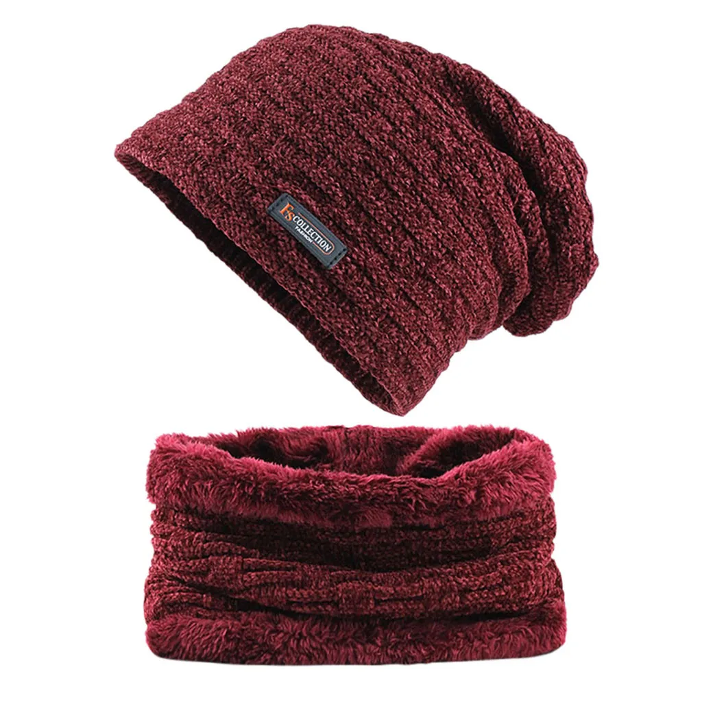 Men Winter Solid Knitted Scarf Set Snood Neck Beanie Hat Easy Scarves Cashmere Warm Cap Scarfs for Men#4