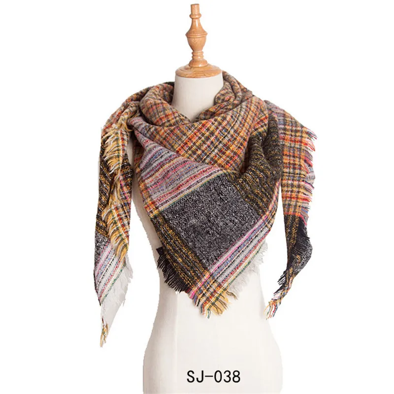 Женский зимний клетчатый треугольный шарф, шали, теплые кашемировые шарфы, женское одеяло, шарф из шерсти, пашмины, женские шали, Платки для женщин - Цвет: 38