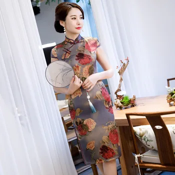 

Vintage Lady Chinese Cheongsam Satin Short Sexy Lady Evening Party Dresses Print Flower Elegant Qipao Big Size 3XL Vestidso