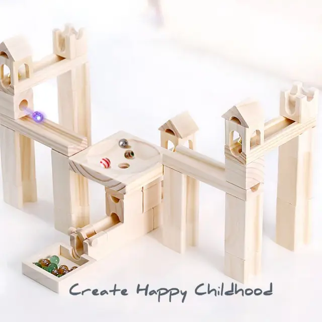 60pcs Wooden Marble Track Assembly Building Blocks Run Maze Ball Puzzle Children Educational Toys Kids Gift 6