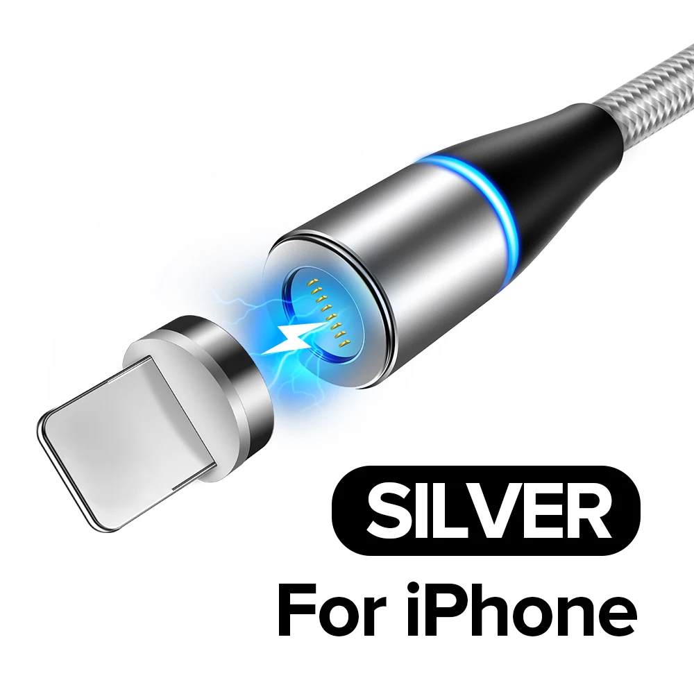 QC 3,0 9V Магнитный кабель для быстрой зарядки 3A светодиодный кабель Micro USB type C Tape 8 Pin Quick Charge 3,0 для samsung Xiaomi Redmi huawei - Цвет: Silver For iPhone