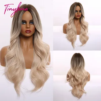 

TINY LANA Middle Point Super Long Synthetic Wavy Wigs Gradient Brown to Light Ins Style for America Women Heat Resistant Fiber