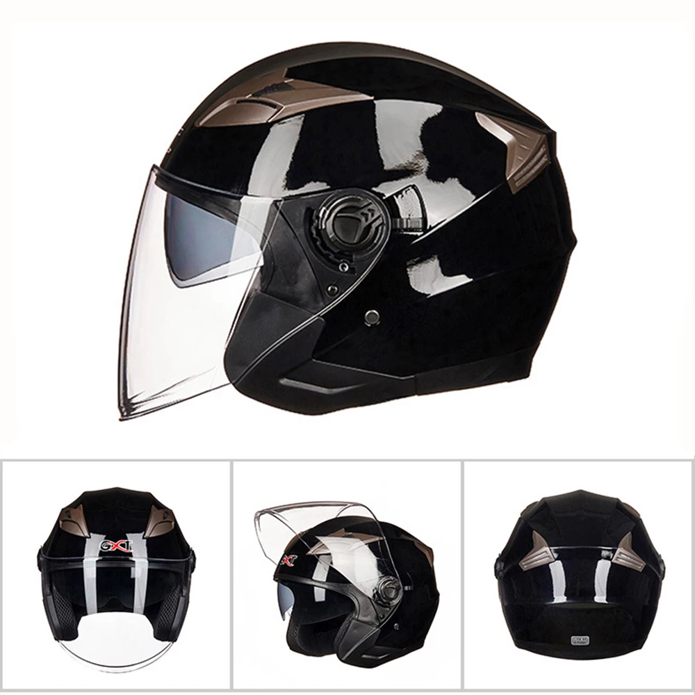 GXT мотоциклетный шлем для мужчин и женщин, полулицевой Мото шлем, летний скутер, мотоциклетный шлем с двойными линзами со съемным линнером - Цвет: G708 Bright Black