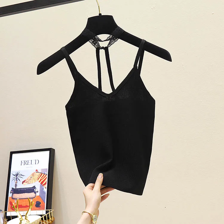 BLACK HELIAR Crop Camis женские майки с бретельками и v-образным вырезом летние женские сексуальные майки на завязках женские топы - Цвет: BLACK