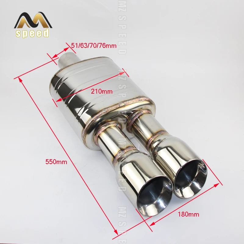 Car Accessories 304 stainless steel exhaust pipe muffler, universal 51mm -76mm pipe, double output 89mm output tail pipe