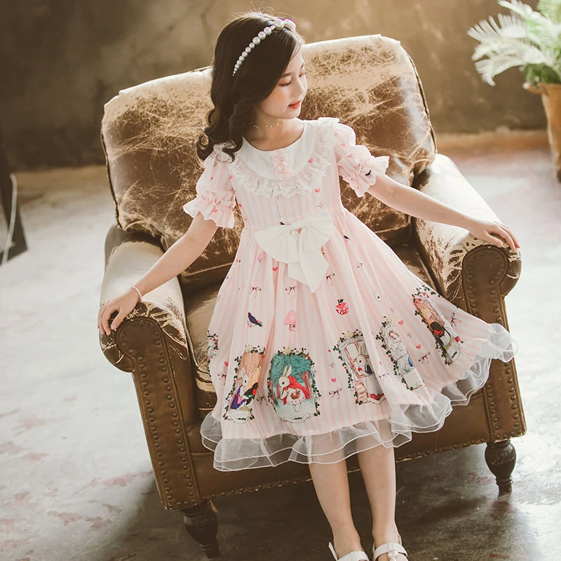 Pink sweet girl princess dress Lolita new summer dress flower basket bunny cartoon vestido lolita