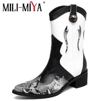 

MILI-MIYA Western Autumn Boots Genuine Leather Mid Calf Cowboy Pointed Toe Boots For Women Motocycle Middle Heels Shoes