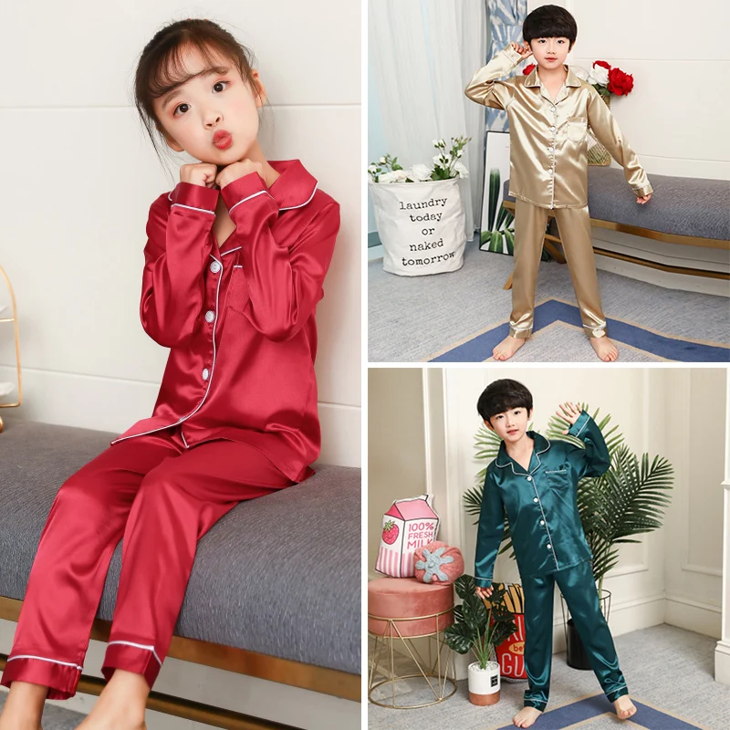 Childrens Boys Girls Ice Silk Pajamas Cardigan Long-sleeved Sleepwear Nightgown