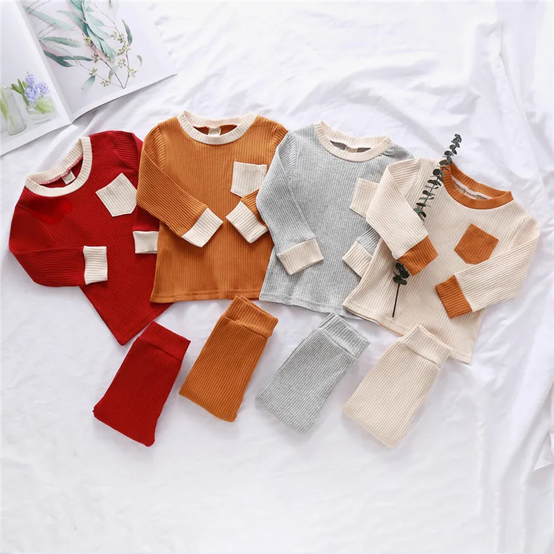 

1-4Y Autumn Toddler Baby Boys Girls Suits Cotton Knitted Newborn Kids Long Sleeve Pocket T-shirts Tops+Pants Leggings Tracksuits