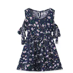 Детское платье для девочек; Хлопковое платье с короткими рукавами и круглым вырезом с цветочным принтом для маленьких девочек; летнее