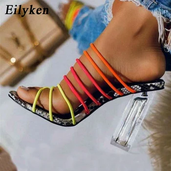 

Eilyken Women Fashion Color Snake grain Slippers Clear Perspex Crystal Square High Heels 2020 Summer Sexy Open Toed Dress Sandal