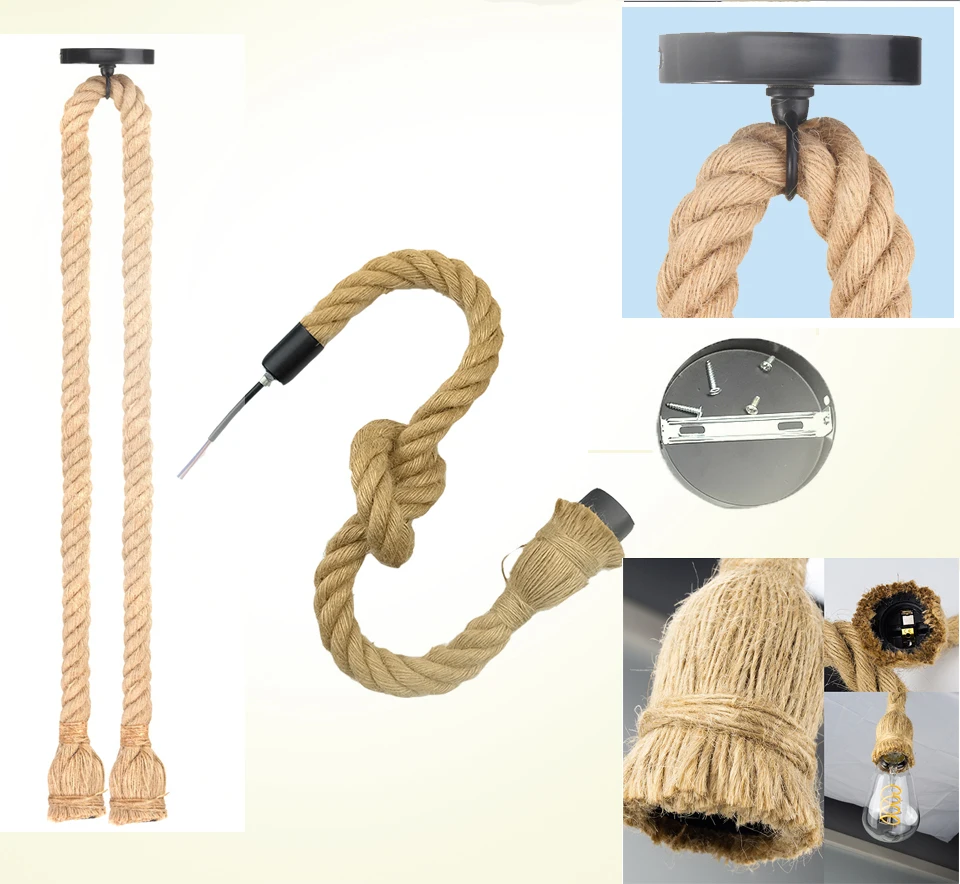 Vintage Hemp Rope Pendant Light Retro Loft Industrial Hanging Lamp Creative Country Style Edison Bulb Lamp Home Light Decoration