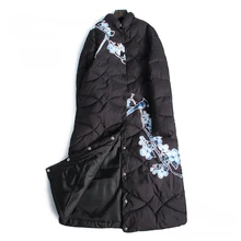 Длинная зимняя куртка с принтом, парка, цветочный теплый пуховик с хлопковой подкладкой, Женское пальто, плотное черное винтажное ветрозащитное пальто, большие размеры, парки