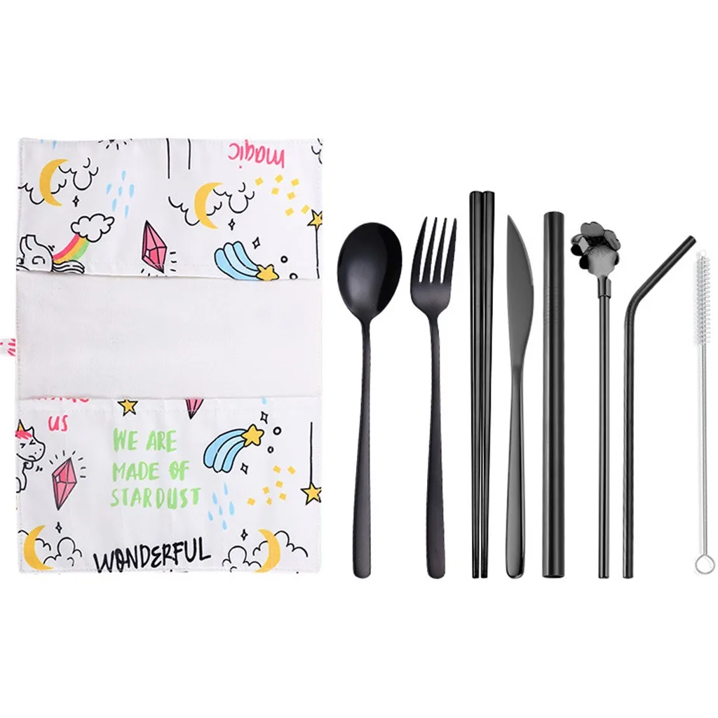 A Stainless Steel Dinnerware Set Spoon Fork Chopsticks With Cloth Pack Cutlery For Travel Outdoor Office Picnic BBQ 9PC#0904 - Цвет: A