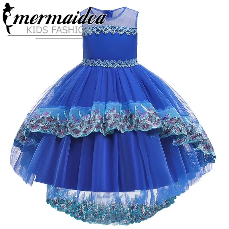 royal blue Белые Бальные платья со шлейфом и цветами для детей от 3 до 14 лет, праздничное детское платье Новогодняя одежда для девочек праздничное платье принцессы подарок для малышей, vestido - Цвет: royal blue