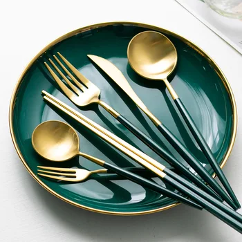 

Dark Green Golden 304 StainlessSteel Cutlery Knives Forks Spoons Kitchen Dinnerware Stainless Steel Home Party Tableware