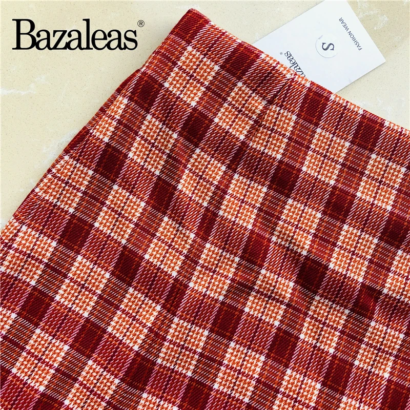 Юбка женская трапециевидная в клетку с высокой талией и разрезом|Юбки| |