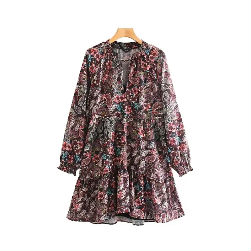 Vadim women elegant floral pattern mini dress V neck long sleeve two piece set female casual retro dresses QC877 - Цвет: as picture