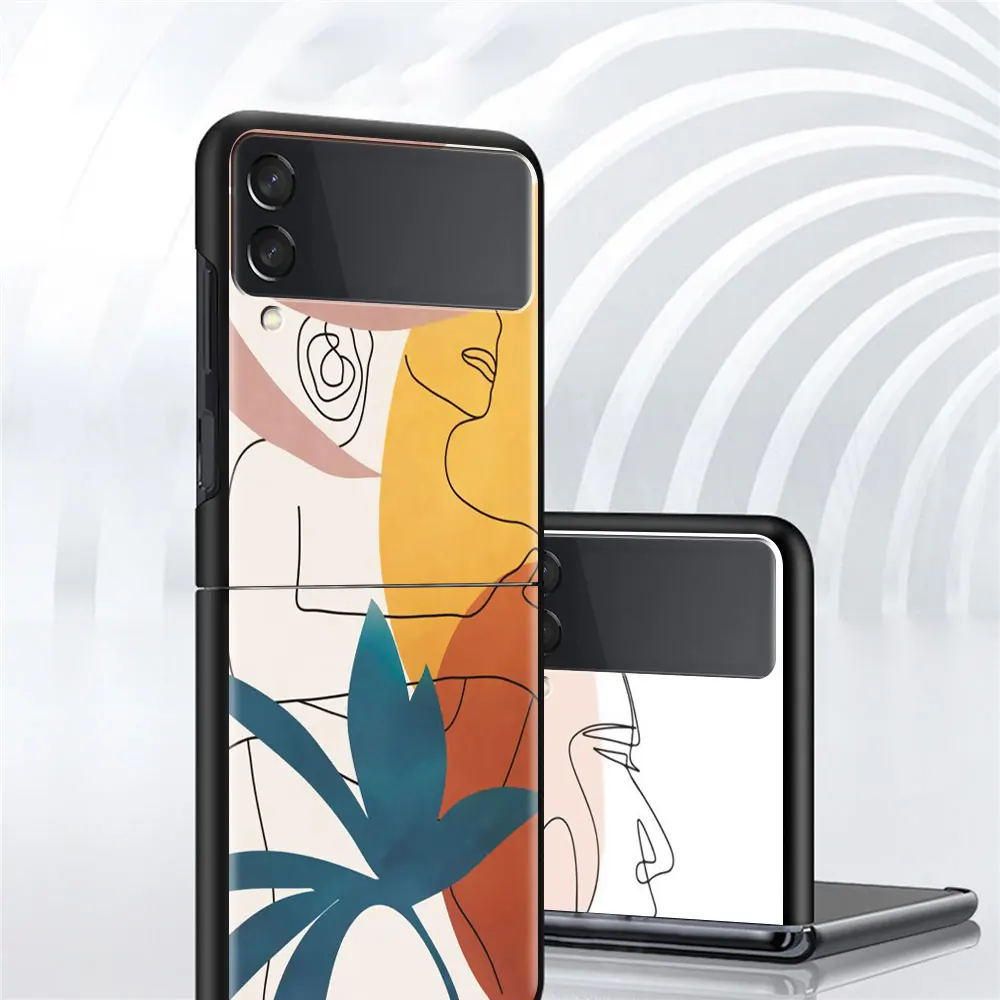 For Samsung Galaxy Z Flip 3 5G Case Luxury Matte Black Hard Phone Cover ZFlip 3 Shockproof Fundas Shell Abstract Women Face Line