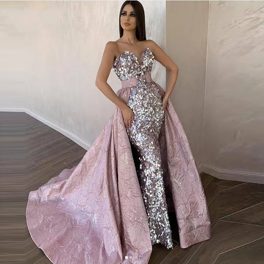 Prom dresses 2020 mermaid long detachable train pink sequined strapless sexy for women plus size evening formal party gowns Prom dresses 2020 mermaid long detachable train pink sequined strapless sexy for women plus size evening formal party gowns