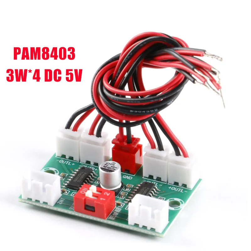 

Плата цифрового усилителя звука Mini PAM8403, 4 канала, 3 Вт * 4, 5 в постоянного тока, стереозвуковой усилитель с кабелем для динамика