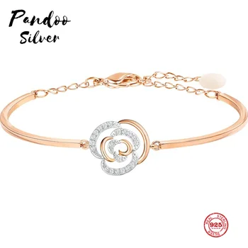 

PANDOO Fashion Charm Pure 925 Silver Original 1:1 Copy, Elegant Rose Gold Flower Wild Bracelet Female Luxury Jewelry Gifts